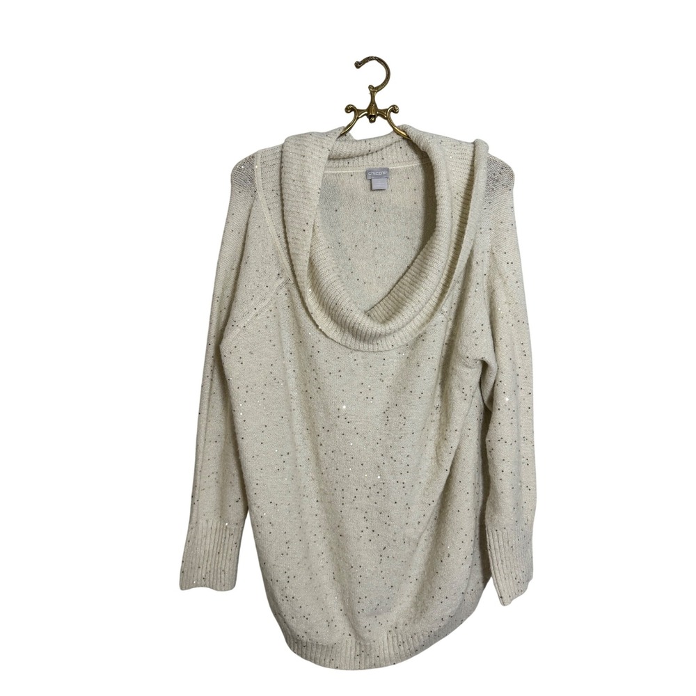 Chico's Sparkle‎ Cowl Neck Sweater Womens Size 4 US Size XXL Beige Knit Pullover